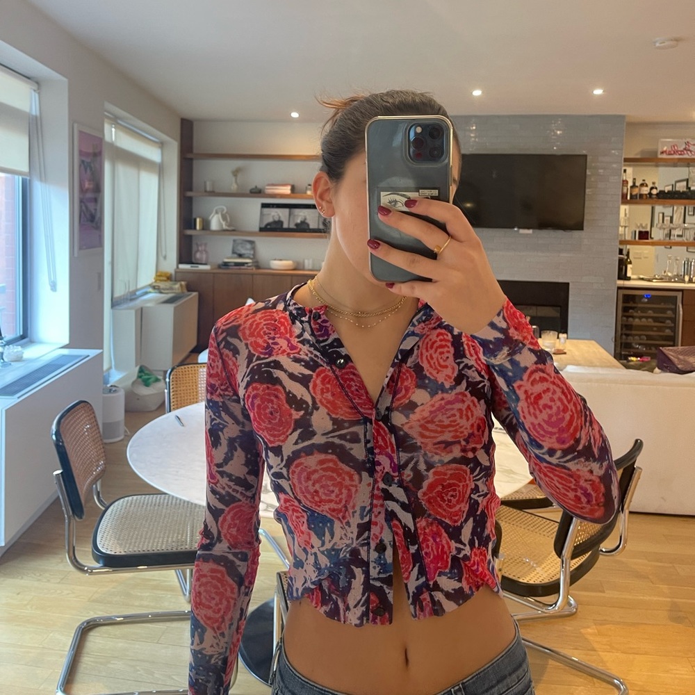 FUZZI vintage floral mesh button-front top